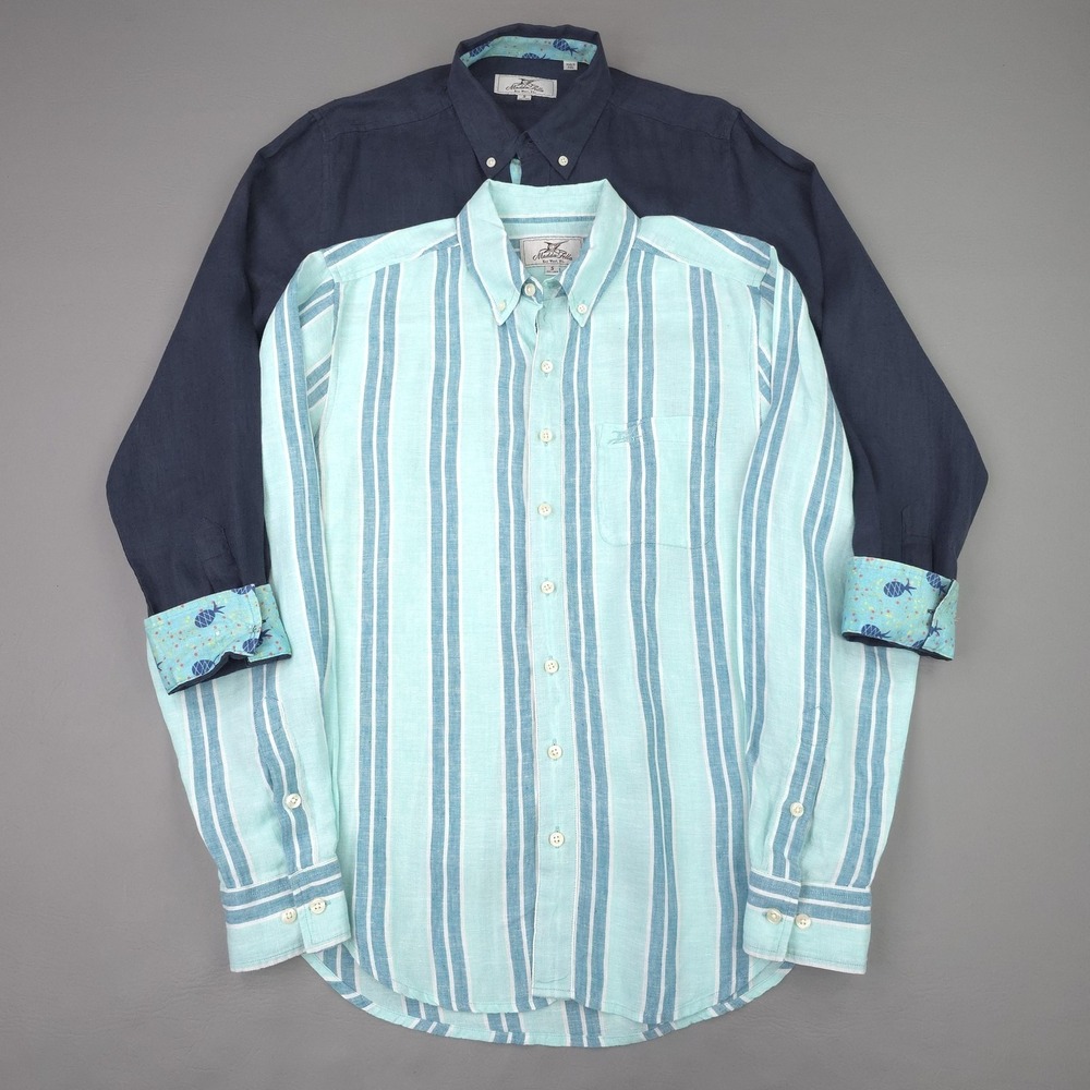Madda Fella Shirt Bundle Mens Small Blue Linen Solid‎ Stripe Long Sleeve Casual